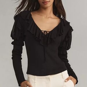 Anthropologie black Long sleeve ruffled ribbed low v-neck shirt Size XL NWT